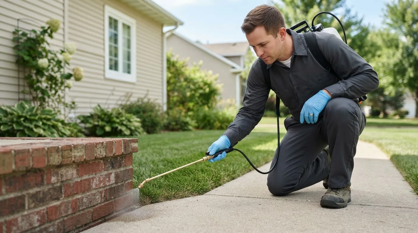 Pest control technician treating a home near Rush Hill, MO