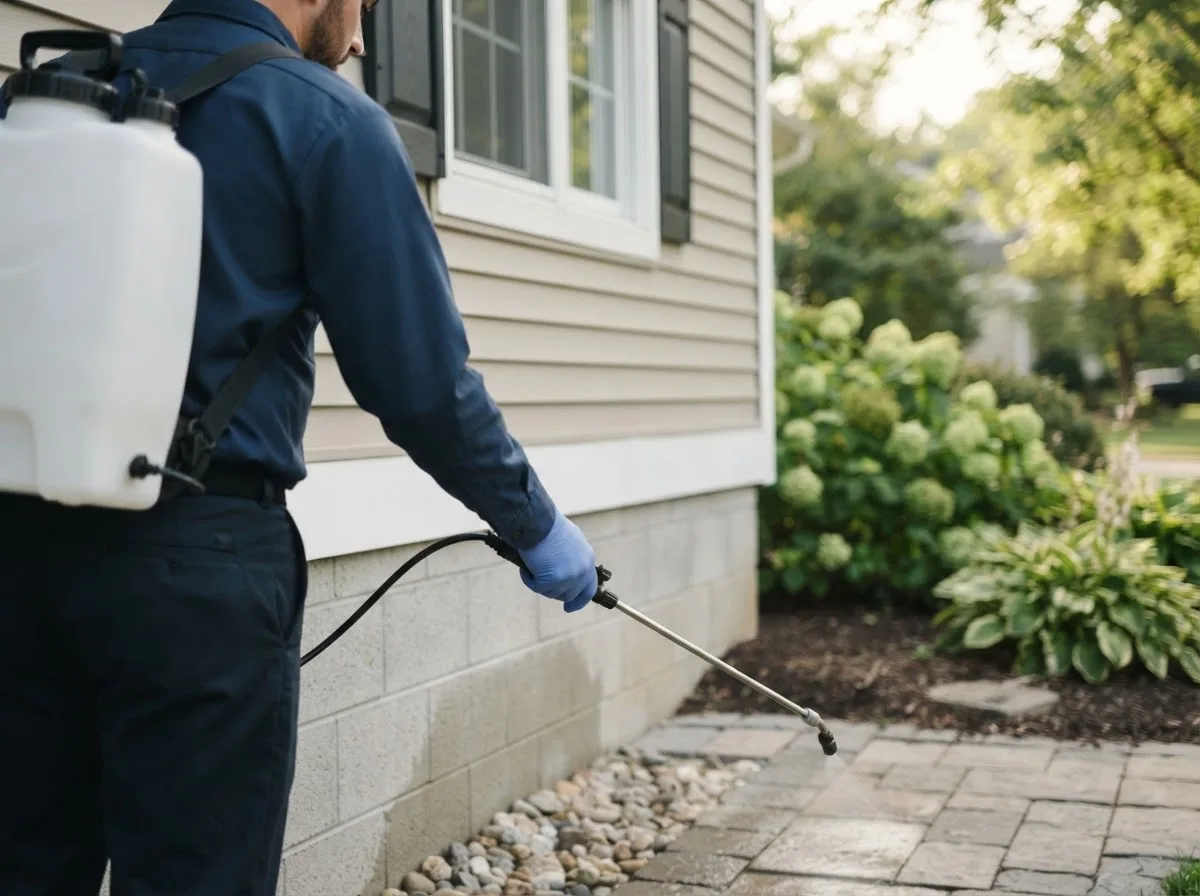 Pest control technician inspecting a home in Rush Hill, MO